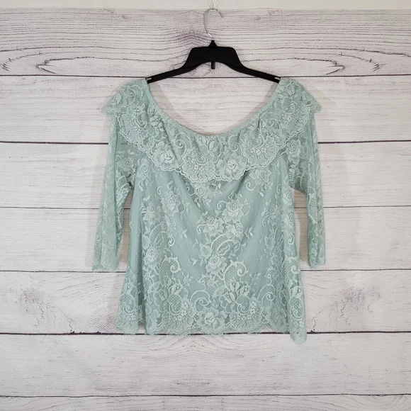 White House Black Market Seafoam Lace Blouse Top Sz Lg - Picture 5 of 5
